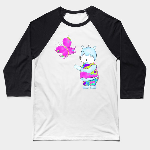 Cute hippie hippo looking at butterfly Baseball T-Shirt by stefy